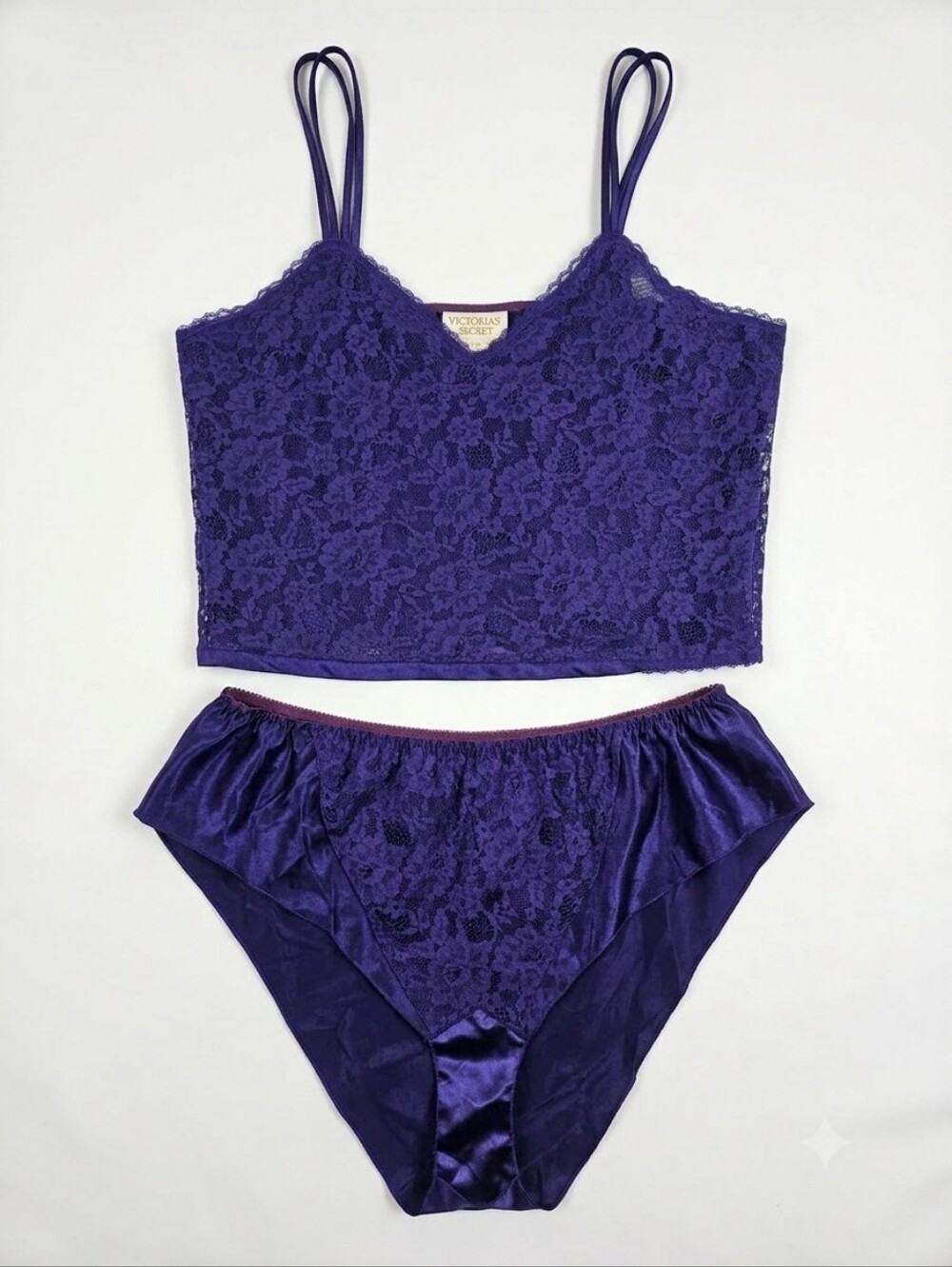 VTG Victoria's Secret Gold Label Purple Lace Lingerie Set Camisole Tap Panty L